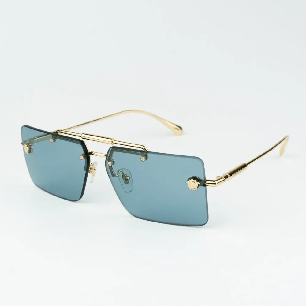 NEW Versace VE2245 100280 Gold Blue Rectangle Rimless Metal Unisex Sunglasses